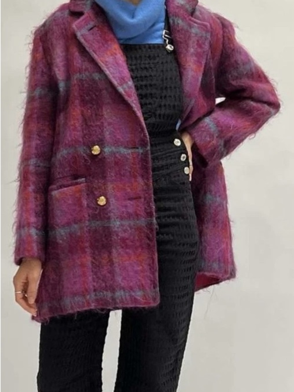 George David Vintage Mohair Plaid Double Breasted Coat Purple XL